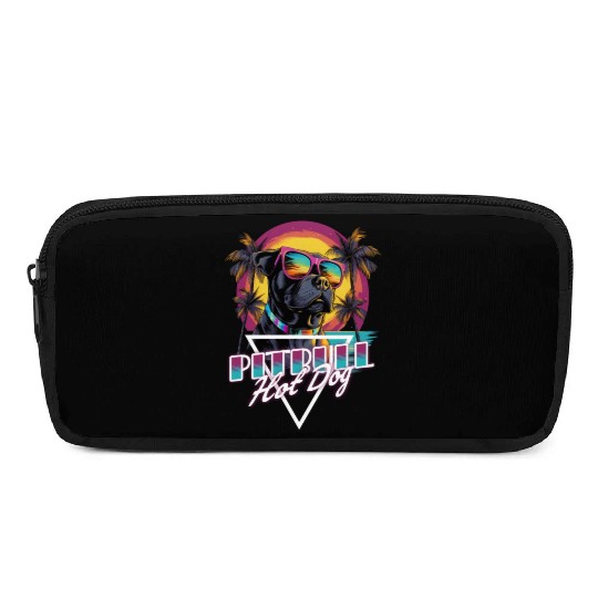 Retro Wave Pitbull Terrier Hot Dog Pencil Cases