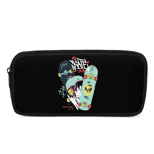Black Light Green Modern Illustrated Skateboard Pencil Cases