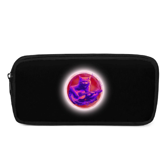 Rock Cat Playing Guitar Pencil Cases under the red moon