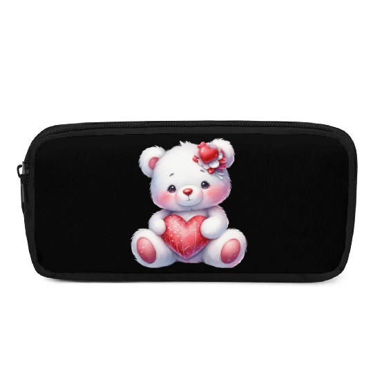 White Teddy Bear Love Valentine's Day Red Heart Pencil Cases