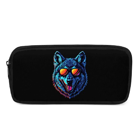 Cool Wolf Face Blue Wolf Wearing Sunglasses Pencil Cases
