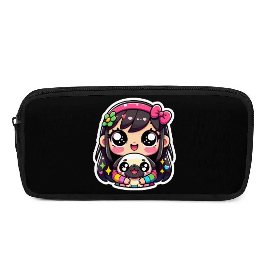 Puppy Hugs - Charming Girl Embracing Cute Pug Pencil Cases