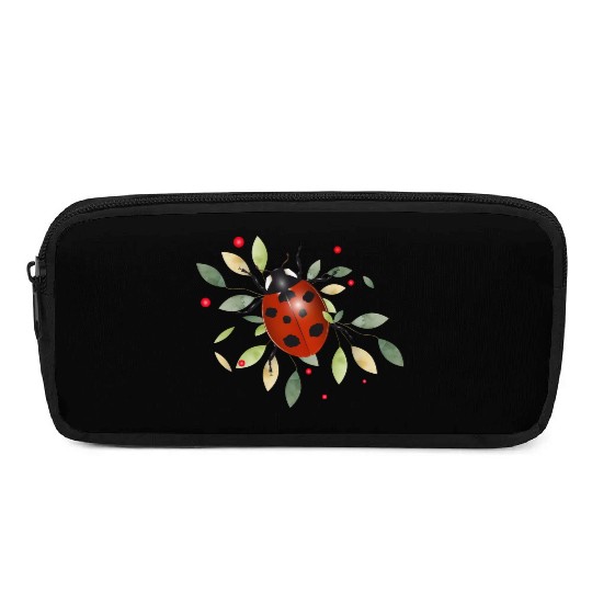 red glowing ladybug with green leaves Pencil Cases