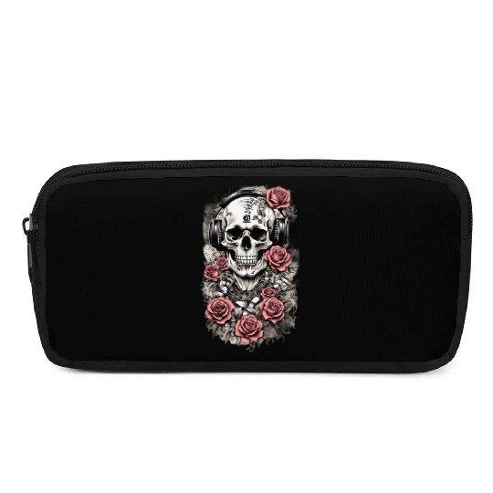 Rock & Roses Pencil Cases: Skull, Roses & music nout