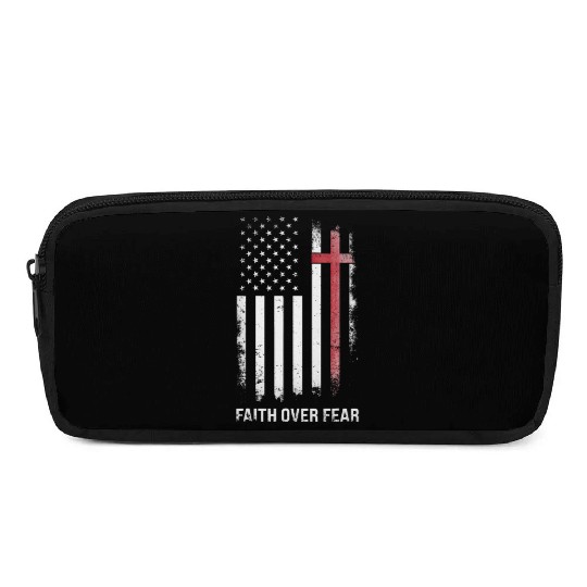 US USA Flag American Faith Over Fear Cross Pencil Cases
