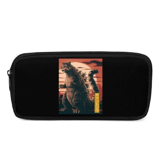 Funny Cute Cat Art Japanese Sunset Retro Catzilla Pencil Cases
