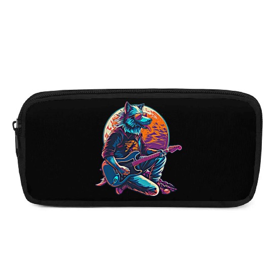 Blue Wolf Moon Guitar Player Retro Sunglasses Pencil Cases