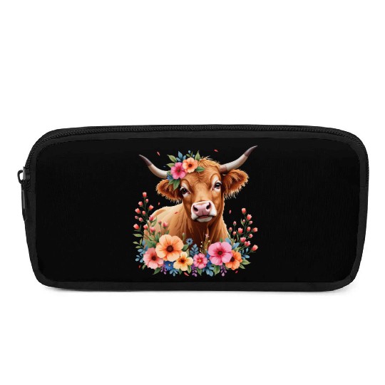 Cute Scottish Highland Cow Floral Pencil Cases