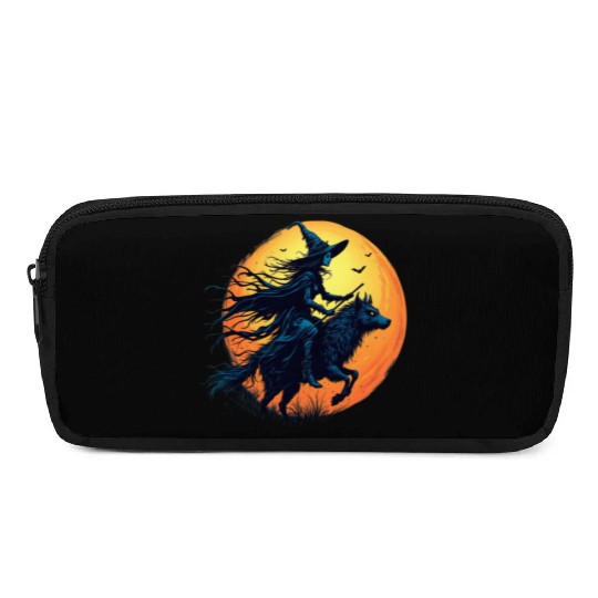 Halloween Witch Riding a Wolf Under Full Moon Pencil Cases