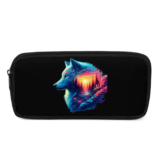 Colorful Wolf and Sunset Forest Pencil Cases