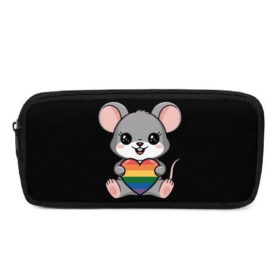 LGTBQ Cute Mouse Holding Rainbow Heart Pencil Cases