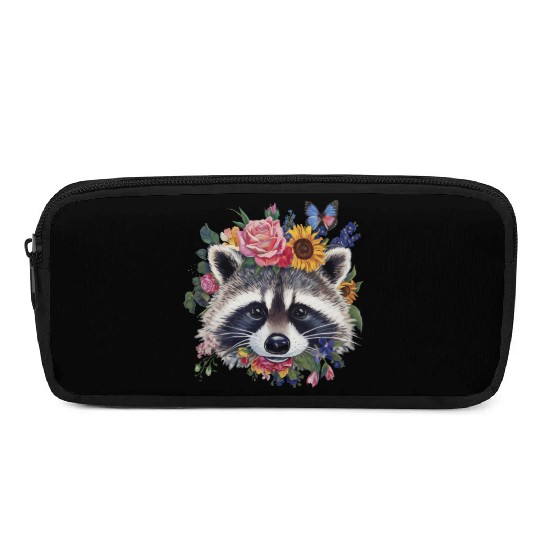 Floral Raccoon Face Raccoon Cottagecore Botanical Pencil Cases