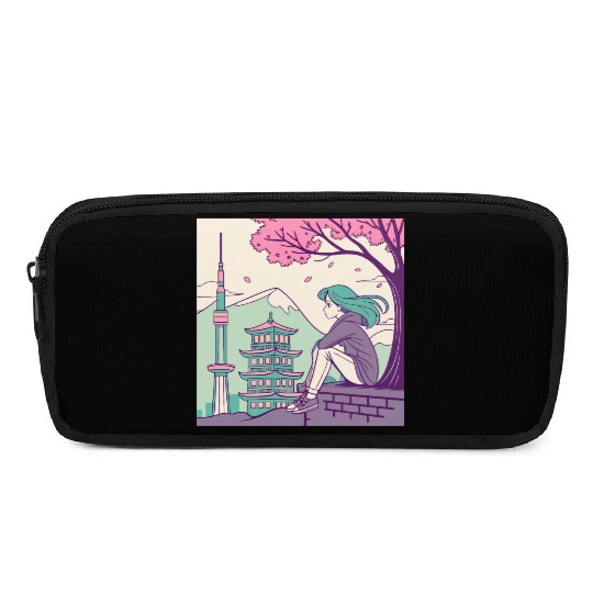 "Peaceful Anime Vibes: Girl Relaxing with Sakura Pencil Cases