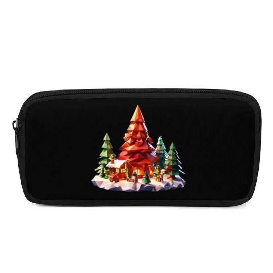 Geometric Christmas Tree Scene Pencil Cases