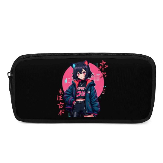 Cyberpunk Anime Girl with Cat Ears Neon Aesthetic Pencil Cases