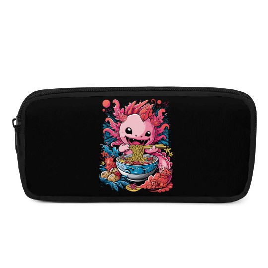 Cute Axolotl Enjoying Bowl of Ramen in Vibrant Pencil Cases