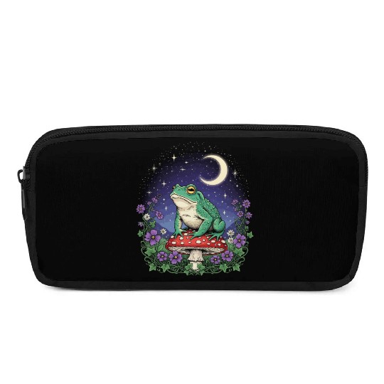 Green Frog on Red Mushroom - Starry Night Pencil Cases