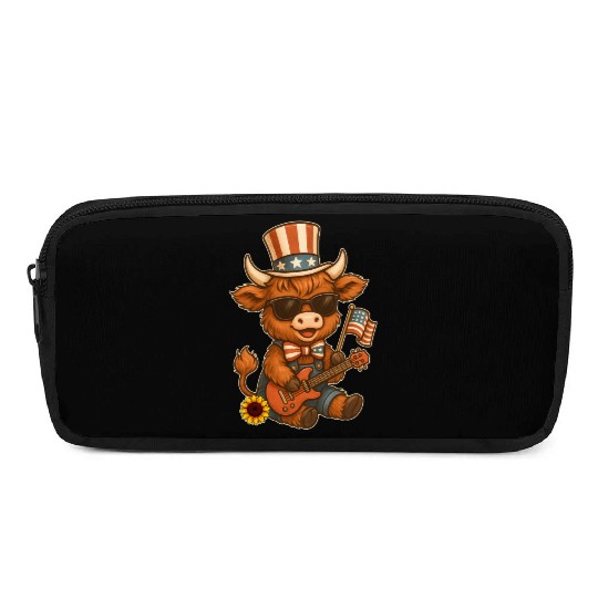 Funny Highland Cow Patriotic Outfit Playing Guitar Pencil Cases