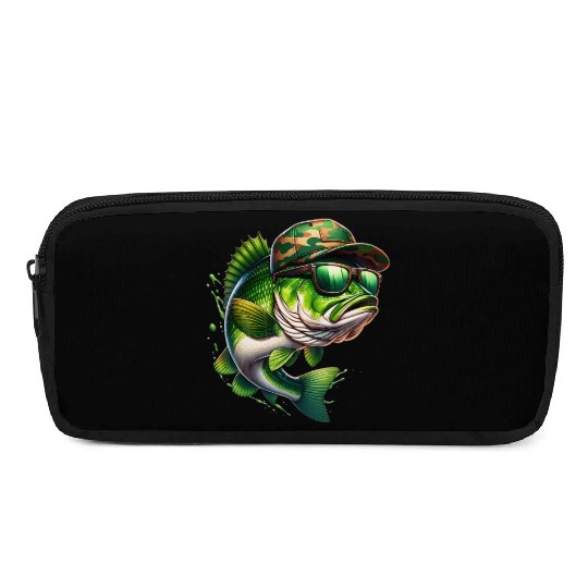 Camo Hat Bass Fish with Green Sunglasses Pencil Cases