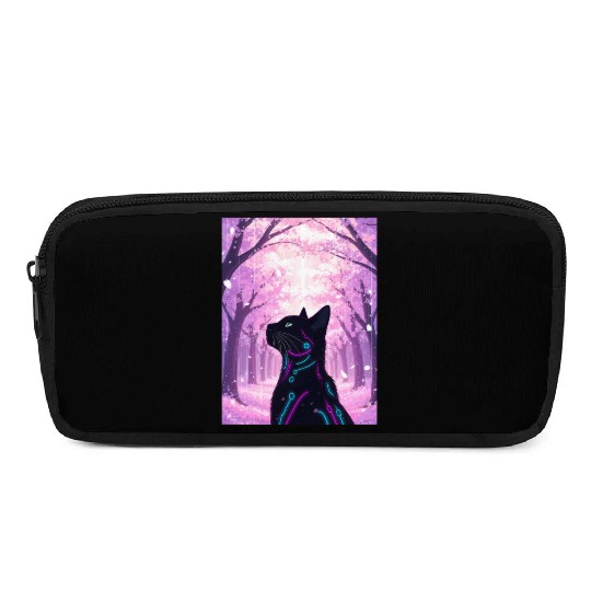 Midnight Cyber Cat | Pink Cherry Blossom Forest Pencil Cases