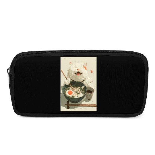 Happy White Cat Eating Ramen Pencil Cases