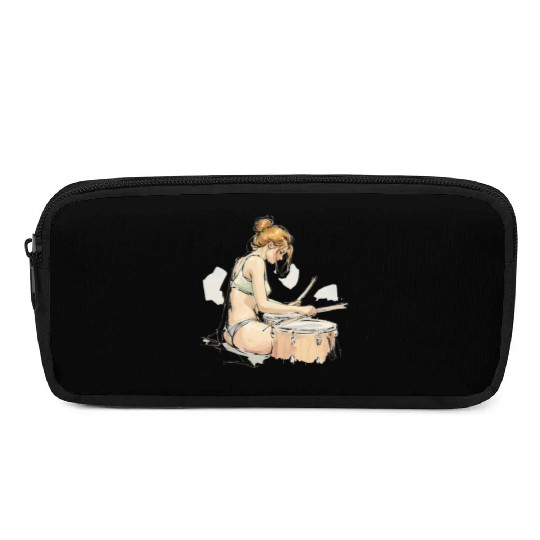 Illustrative Drummer Girl in Casual Attire Pencil Cases