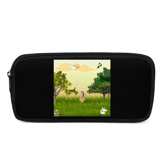 Serene Forest Girl with Bunny and Birds Pencil Cases