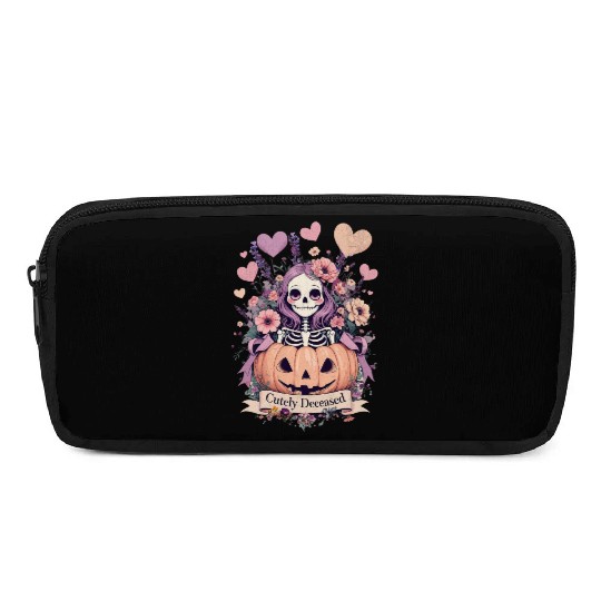 Whimsical Skeleton with Pumpkin and Floral Accents Pencil Cases