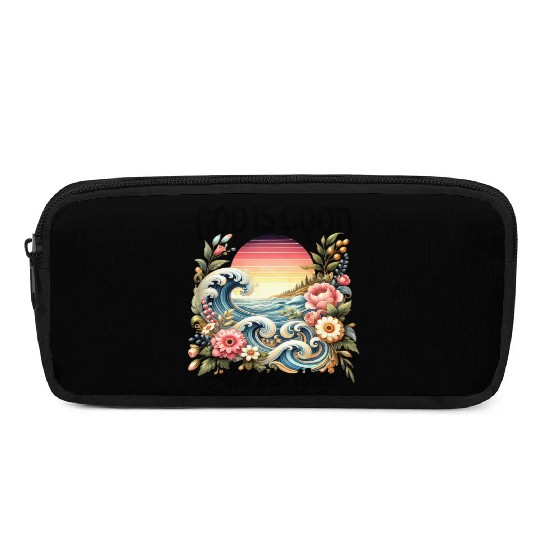 Elegant Wave and Floral Sunset Scene - GOD IS GOOD Pencil Cases