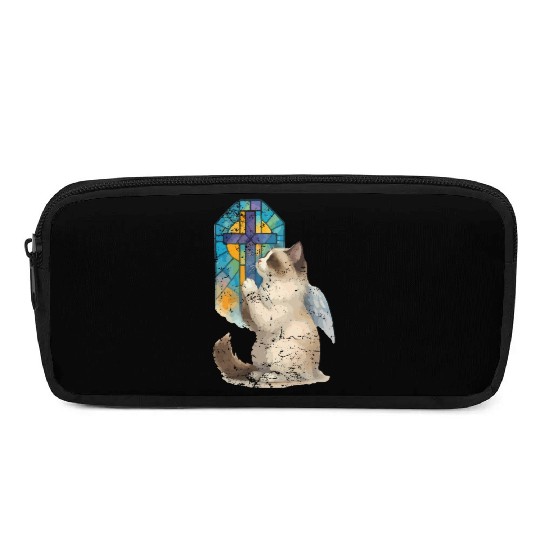 Celestial Cat with Stained Glass Cross Pencil Cases