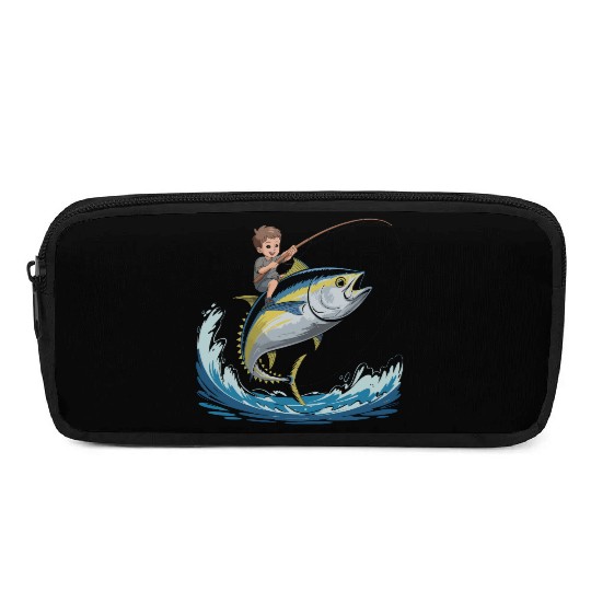 Joyful young boy rides massive jumping tuna Pencil Cases