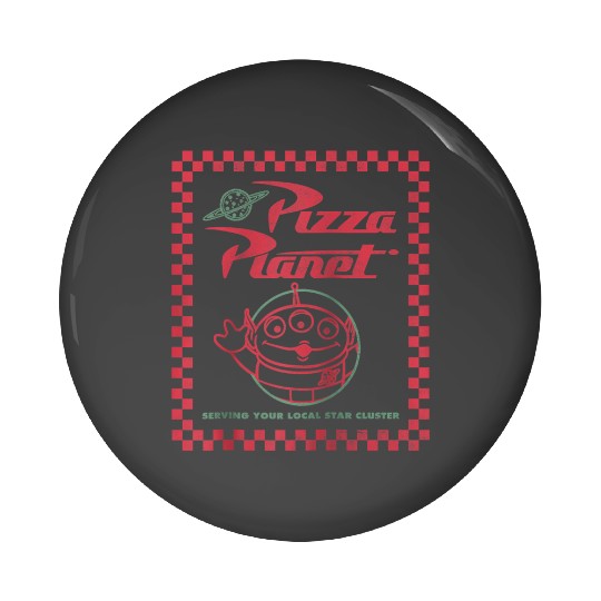 disneys pixars Toy Story Alien Pizza Planet Box Art Raglan Pin Buttons