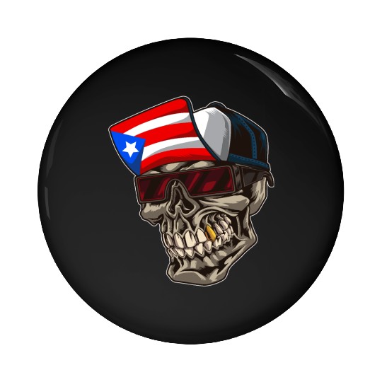 Cool Puerto Rico Skull With Cap and Boricua Flag Pin Buttons