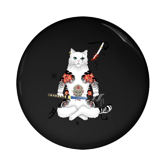 Japanese Samurai Cat Katana Ninja Yakuza Tattoo Pin Buttons
