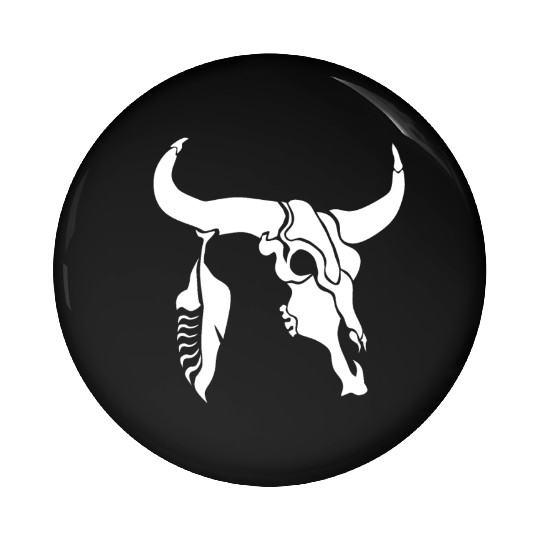Tribal White Longhorn Bull Skull w White Feather Pin Buttons