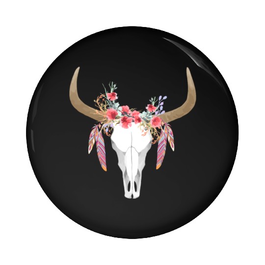 Floral Cow Skull With Feathers Bull Skull Pin Buttons