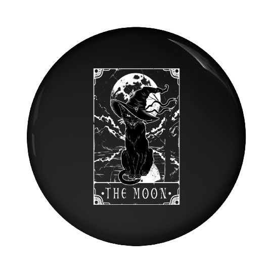 Tarot Card Moon And Black Cat Witch Hat Halloween Pin Buttons