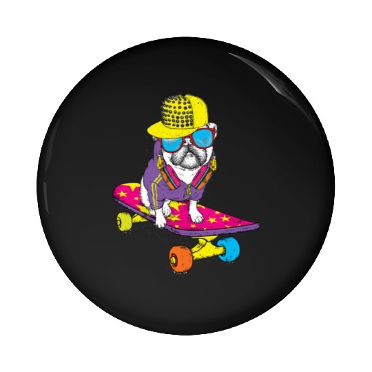 Funny pug on a skateboard Puppy wearing a cap Pin Buttons
