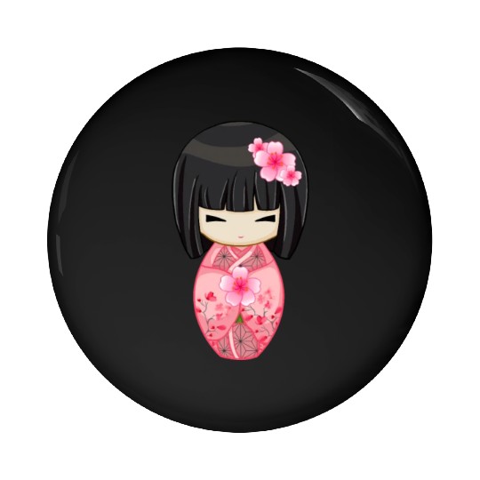 Cherry Blossom Geisha Japanese Kokeshi Doll Pin Buttons