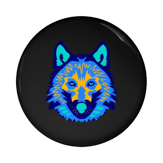blue wolf face Pin Buttons