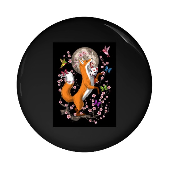 Fox Japanese Cherry Blossom Pin Buttons