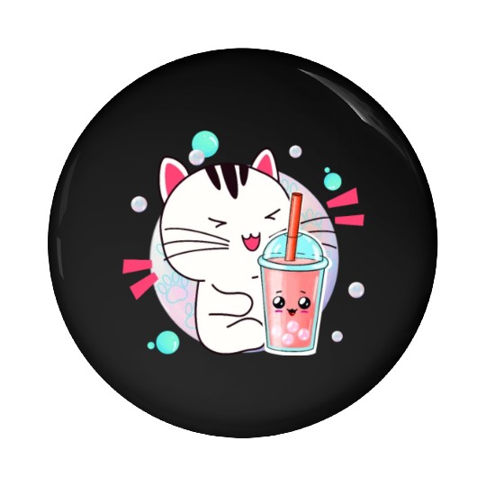Kawaii Anime Cat Bubble Tea Fan Pin Buttons