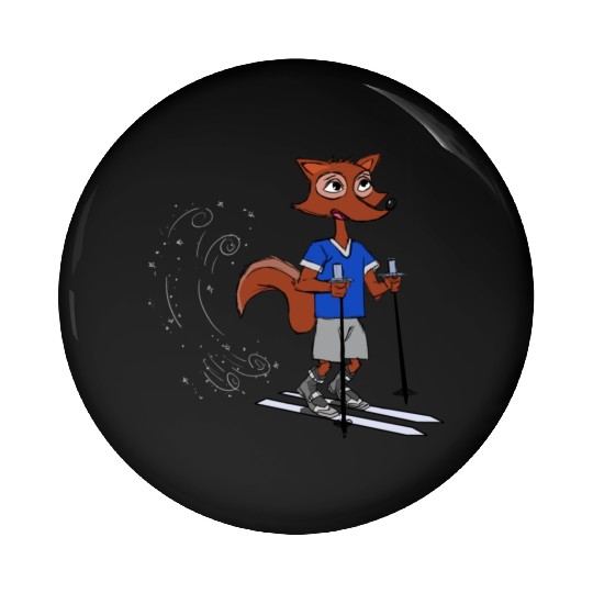 Winter fox goes skiing with polls and boots blue Pin Buttons