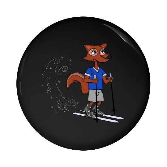 Winter fox goes skiing with polls and boots blue Pin Buttons