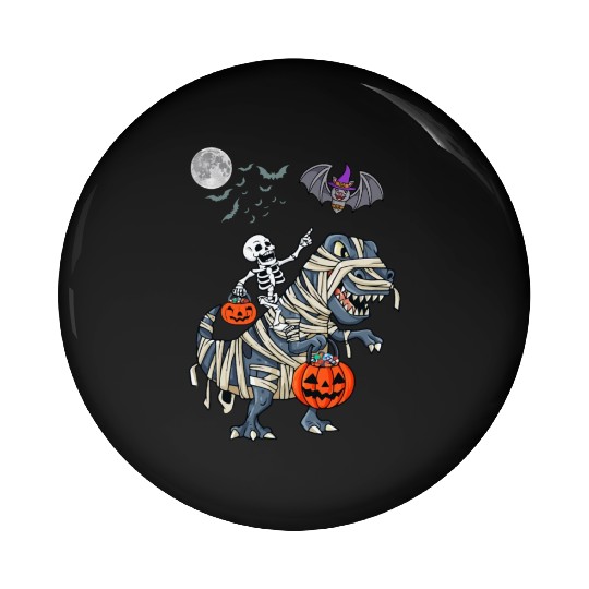 Funny Skeleton Riding Mummy dinosaur Halloween Pin Buttons