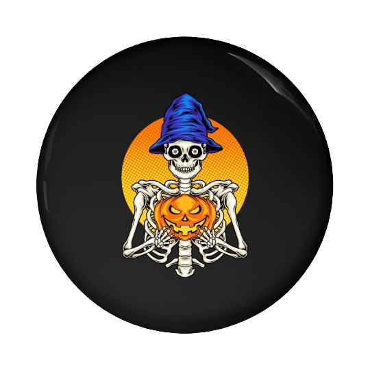 Skeleton Wizard With Scary Pumpkin - Halloween Pin Buttons