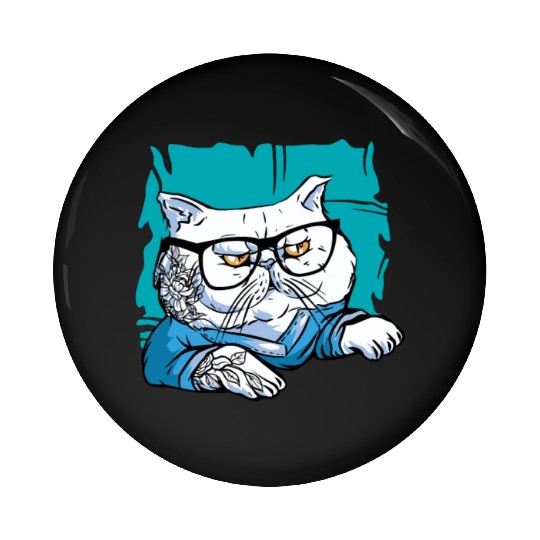 Stylish Nerd Persian Cat Beanie Glasses Tattoo Pin Buttons