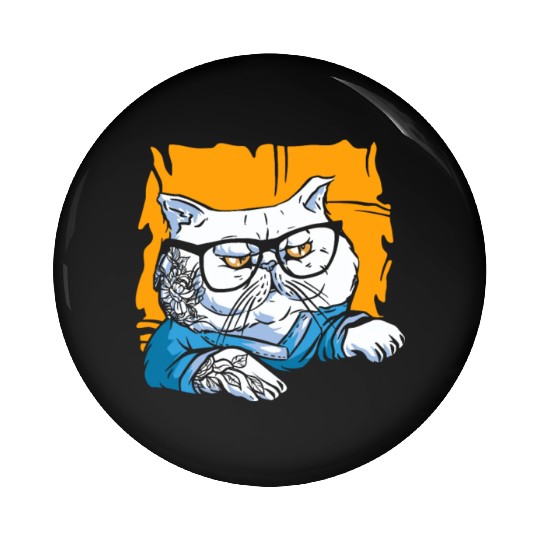 Stylish Nerd Persian Cat Beanie Glasses Tattoo Pin Buttons