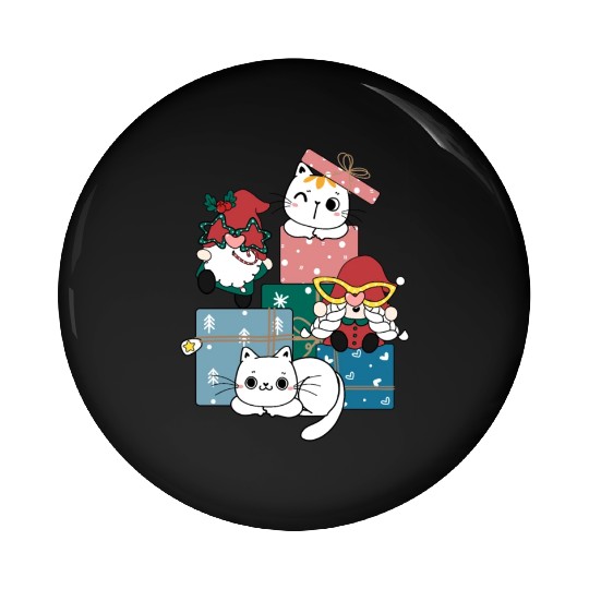 cute gnome and kitty cats on present gift box Pin Buttons
