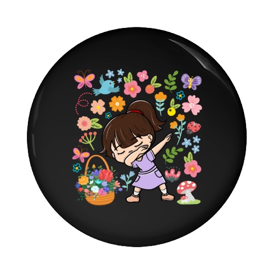 Dabbing Girl Hippie Flower Bouquet Basket Spring Pin Buttons